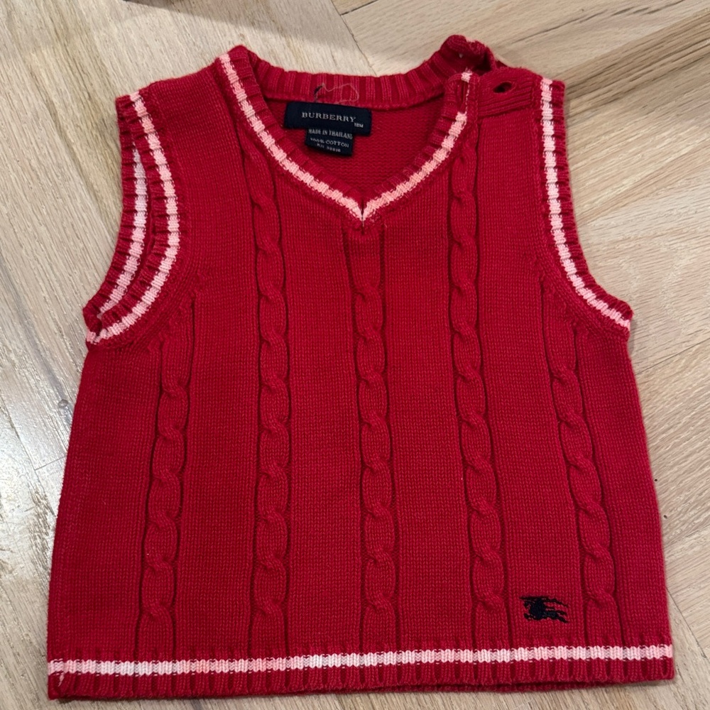 Kids size 18 months Burberry Red Knit Vest with White Trim